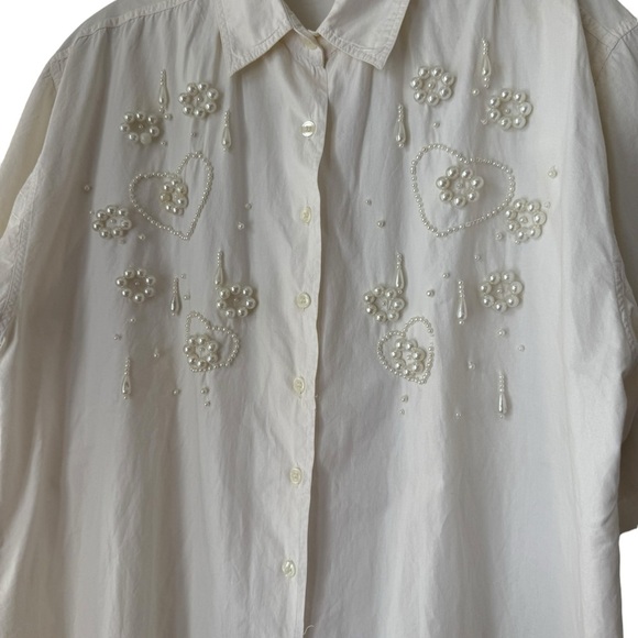 Vintage Pearl Embellished Shirt Size L White Cotton Button Up Down 80s 90s - Picture 1 of 8